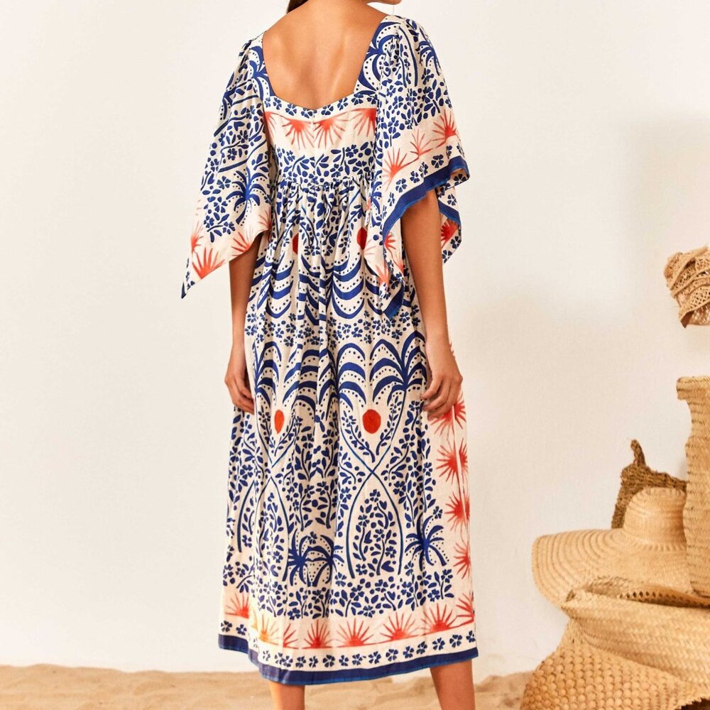 FARM Rio Blue, White & Orange Printed Midi Dress - Picture 2 of 6